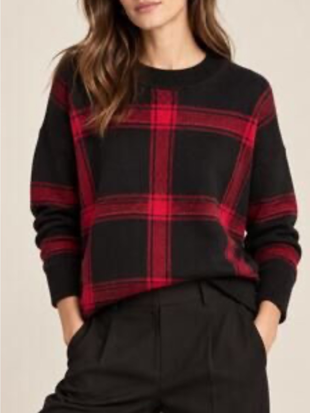 Banana Republic Black Crewneck Sweater with Red Plaid